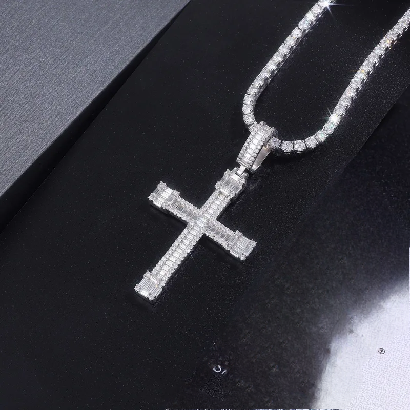 🇺🇸Sterling Silver Moissanite Diamond Chain Cross Pendant Necklace