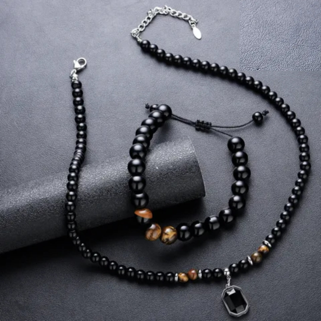 Set Tiger Eye Obsidian Plating Unisex Bracelets Necklace Men Necklace Sets